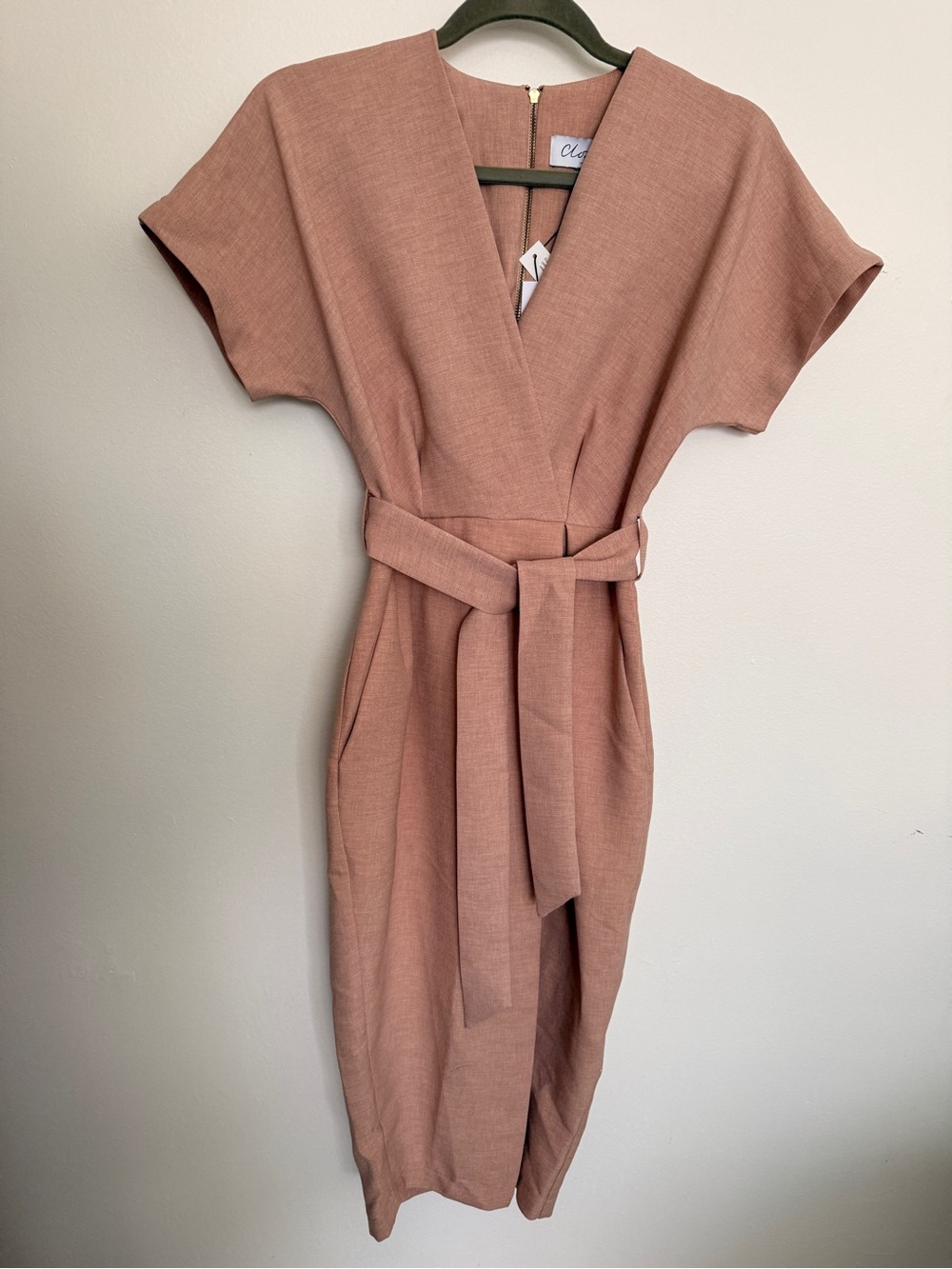 Closet Dusty Coral Rose V-Neck Belted Midi Wrap Dress